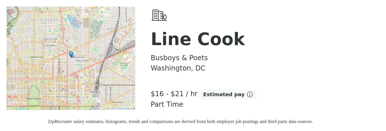 Busboys & Poets job posting for a Line Cook in Washington, DC with a salary of $17 to $22 Hourly with a map of Washington location.