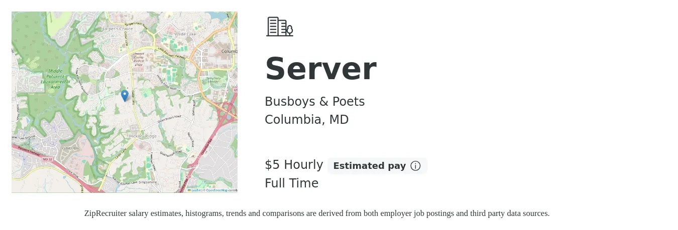 Busboys & Poets job posting for a Server in Columbia, MD with a salary of $6 Hourly with a map of Columbia location.