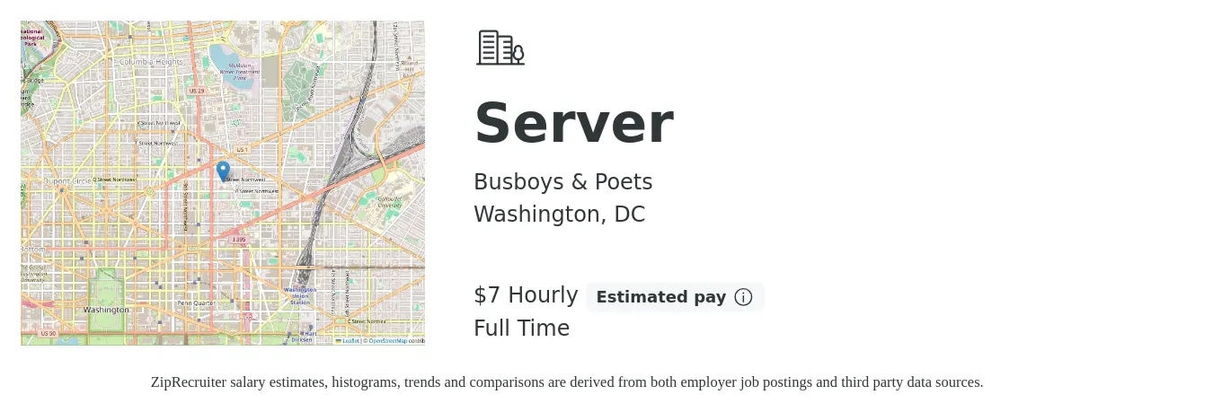 Busboys & Poets job posting for a Server in Washington, DC with a salary of $8 Hourly with a map of Washington location.