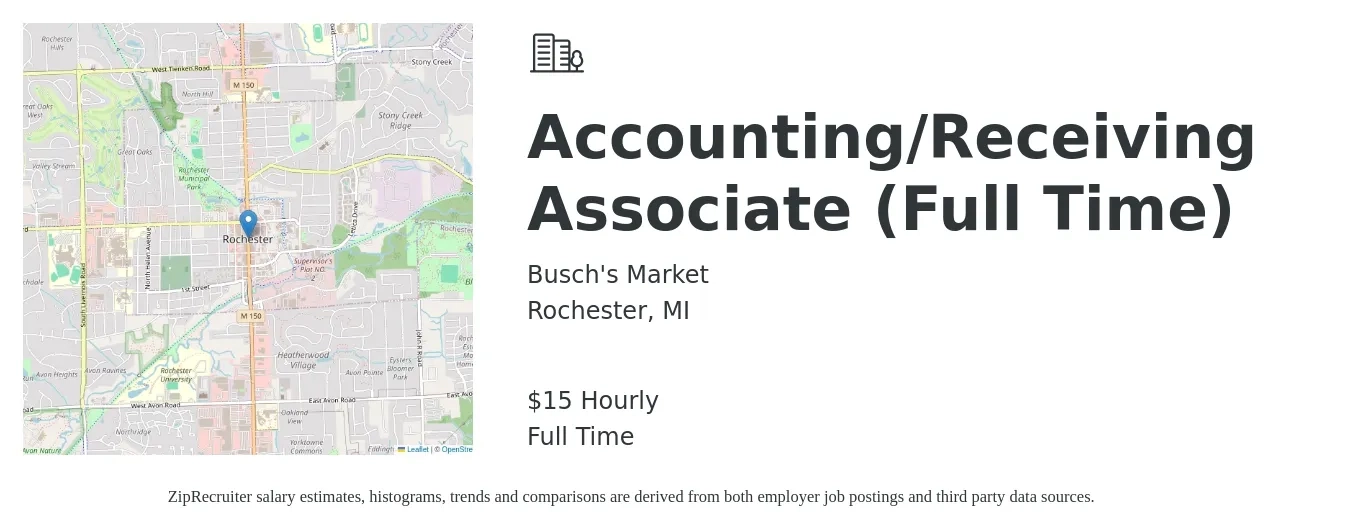 Busch's Market job posting for a Accounting/Receiving Associate (Full Time) in Rochester, MI with a salary of $16 Hourly with a map of Rochester location.