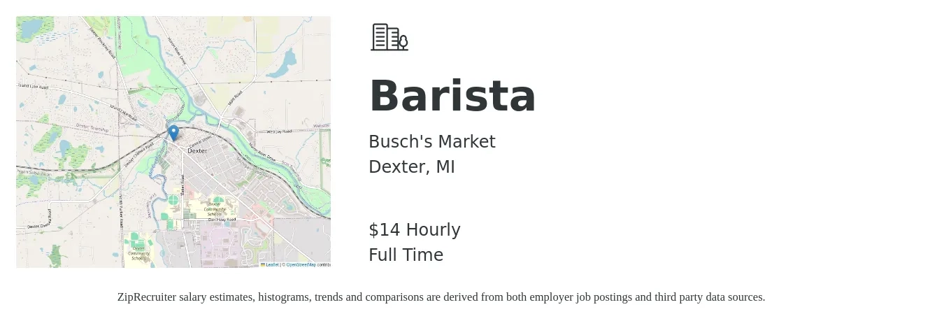 Busch's Market job posting for a Barista in Dexter, MI with a salary of $15 Hourly with a map of Dexter location.