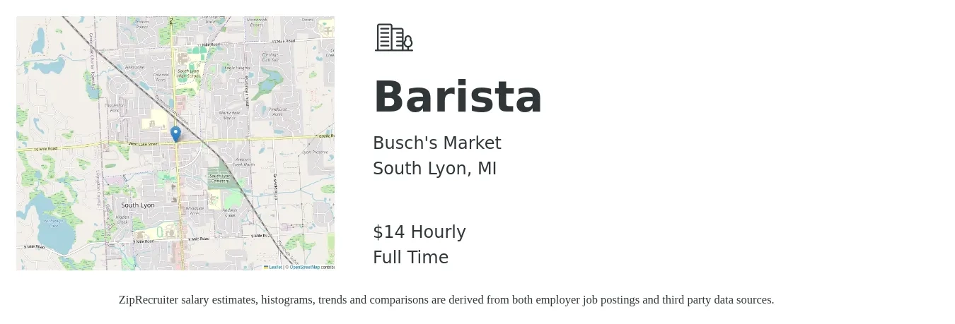 Busch's Market job posting for a Barista in South Lyon, MI with a salary of $15 Hourly with a map of South Lyon location.