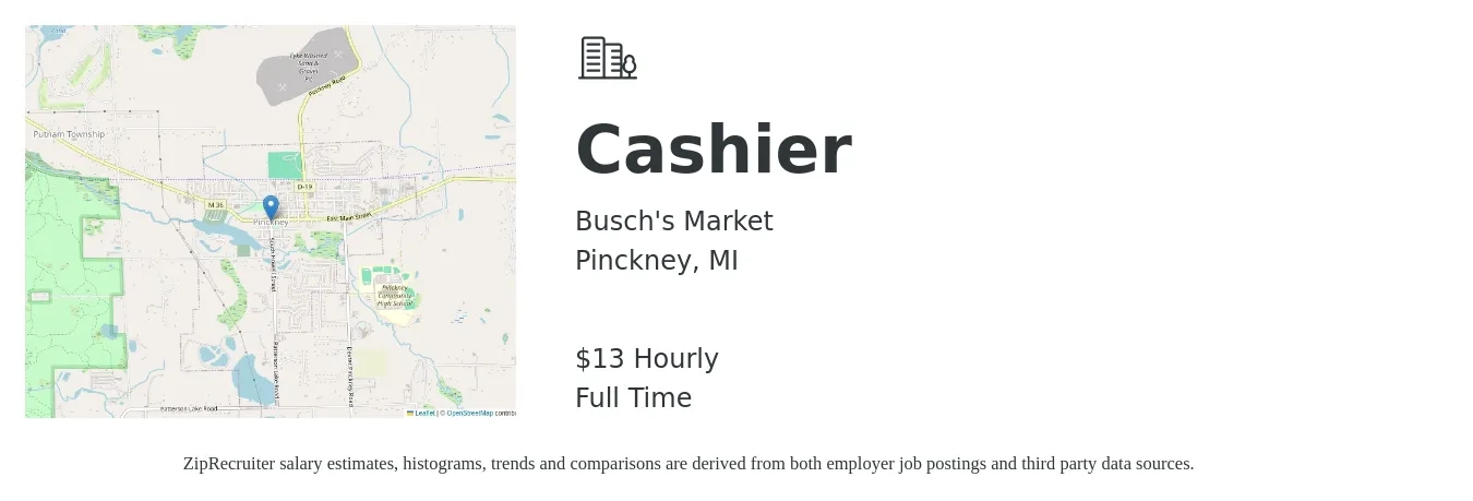 Busch's Market job posting for a Cashier in Pinckney, MI with a salary of $14 Hourly with a map of Pinckney location.