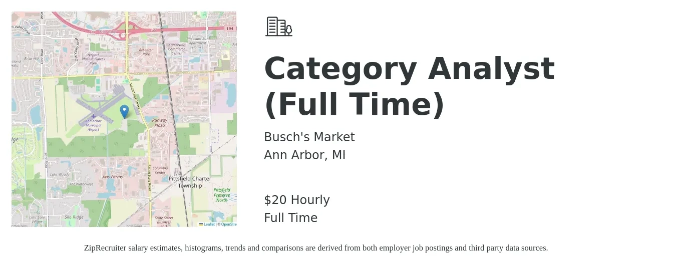 Busch's Market job posting for a Category Analyst (Full Time) in Ann Arbor, MI with a salary of $21 Hourly with a map of Ann Arbor location.