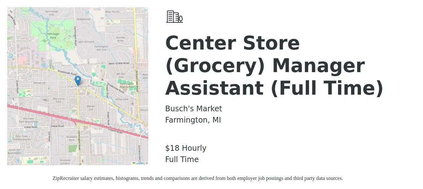 Busch's Market job posting for a Center Store (Grocery) Manager Assistant (Full Time) in Farmington, MI with a salary of $19 Hourly with a map of Farmington location.