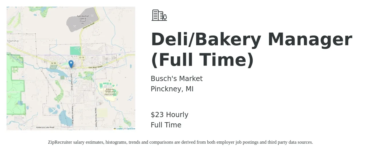 Busch's Market job posting for a Deli/Bakery Manager (Full Time) in Pinckney, MI with a salary of $24 Hourly with a map of Pinckney location.