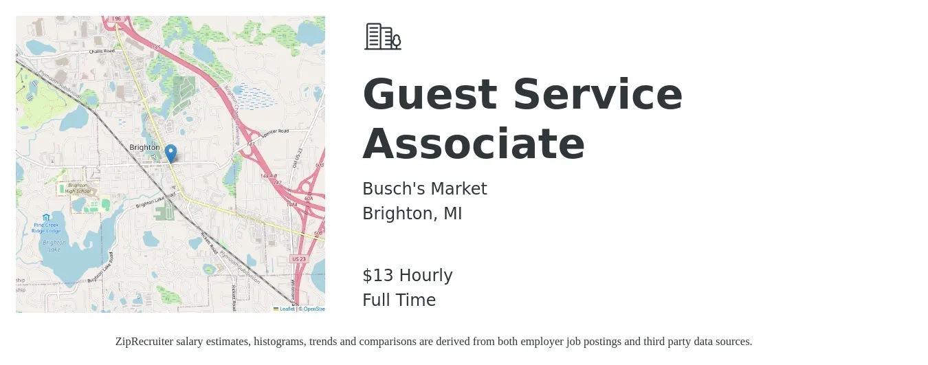 Busch's Market job posting for a Guest Service Associate in Brighton, MI with a salary of $14 Hourly with a map of Brighton location.