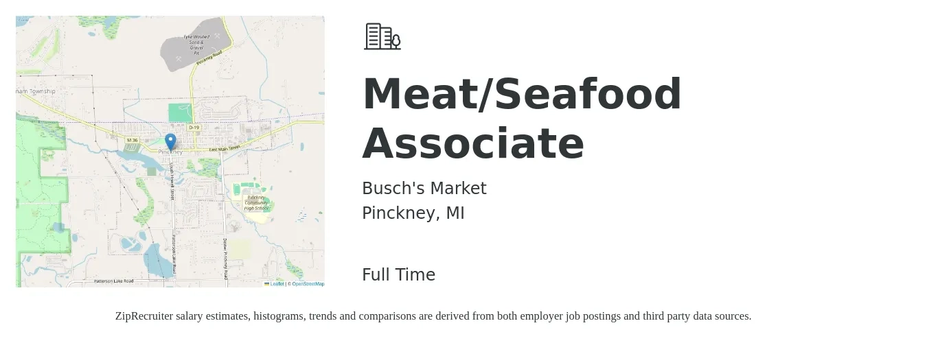Busch's Market job posting for a Meat/Seafood Associate in Pinckney, MI with a salary of $14 to $19 Hourly with a map of Pinckney location.