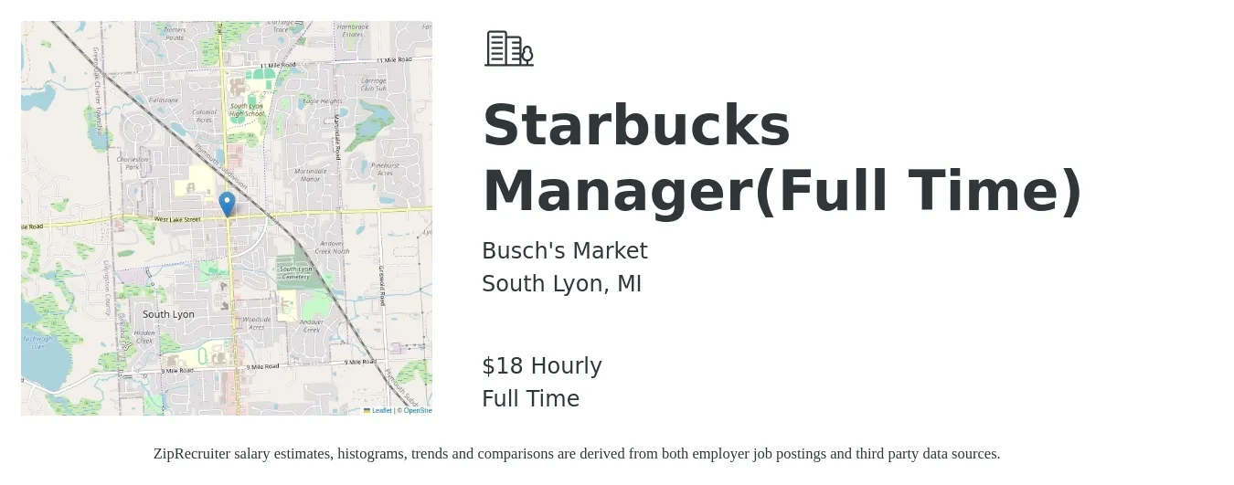 Busch's Market job posting for a Starbucks Manager(Full Time) in South Lyon, MI with a salary of $20 Hourly with a map of South Lyon location.