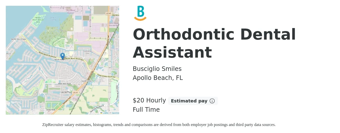 Busciglio Smiles job posting for a Orthodontic Dental Assistant in Apollo Beach, FL with a salary of $21 Hourly with a map of Apollo Beach location.