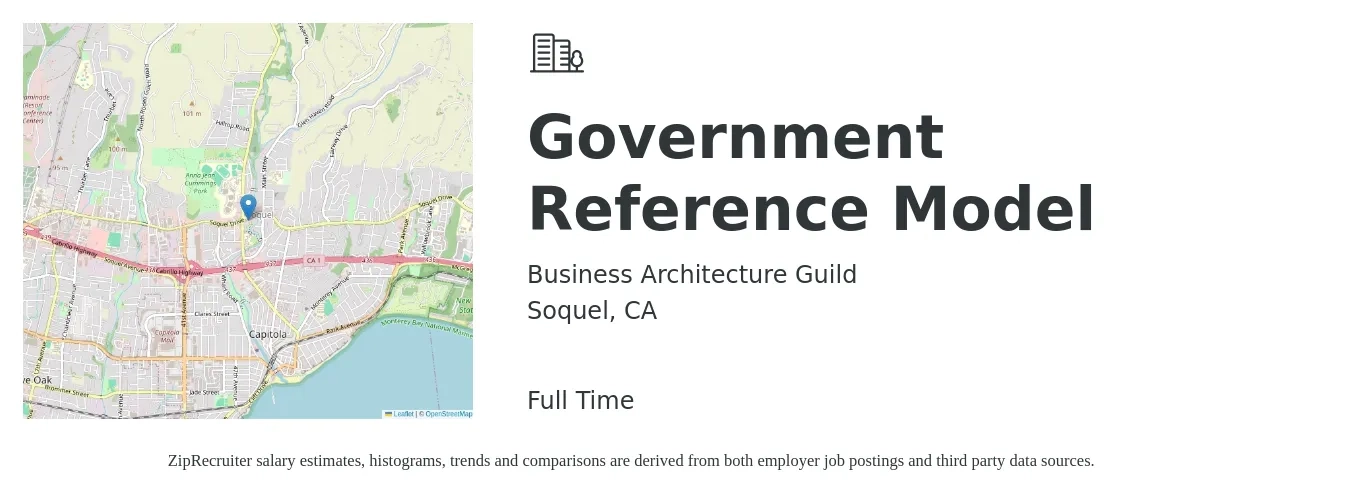 Business Architecture Guild job posting for a Government Reference Model in Soquel, CA with a salary of $21 to $44 Hourly with a map of Soquel location.