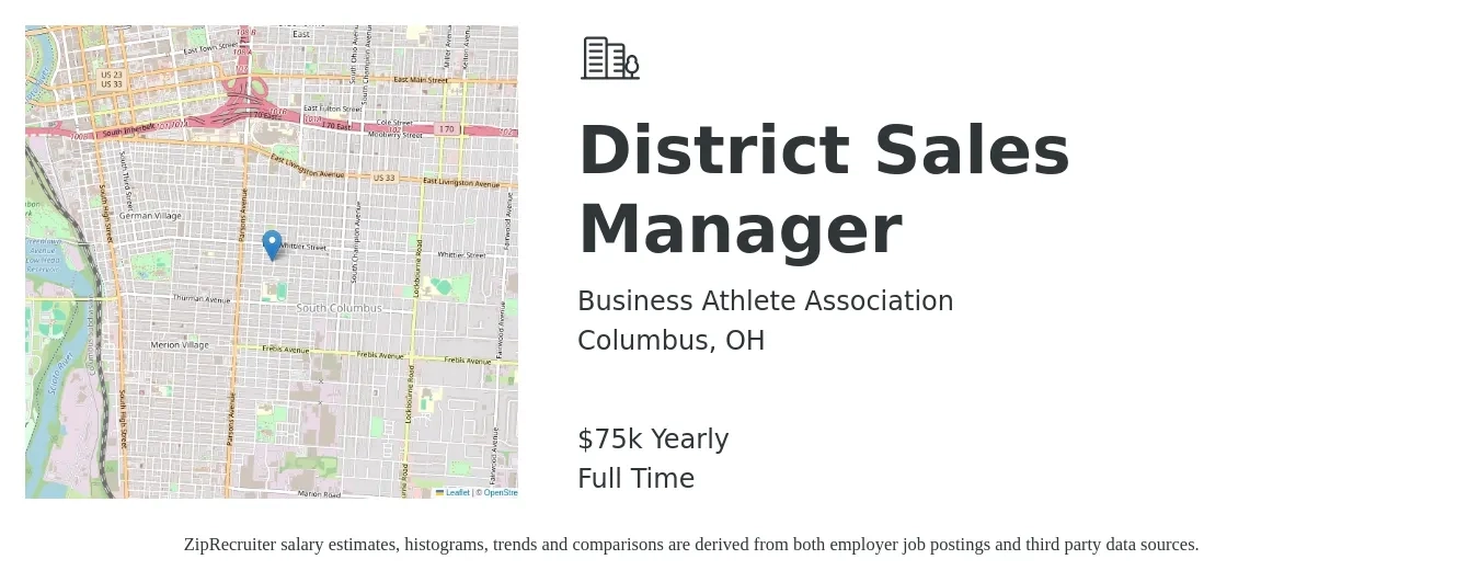 Business Athlete Association job posting for a District Sales Manager in Columbus, OH with a salary of $75,000 Yearly with a map of Columbus location.