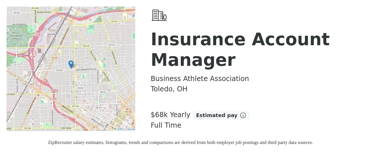 Business Athlete Association job posting for a Insurance Account Manager in Toledo, OH with a salary of $68,000 Yearly with a map of Toledo location.