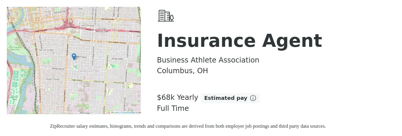 Business Athlete Association job posting for a Insurance Agent in Columbus, OH with a salary of $68,000 Yearly with a map of Columbus location.