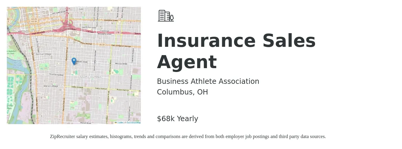 Business Athlete Association job posting for a Insurance Sales Agent in Columbus, OH with a salary of $45,900 to $86,400 Yearly with a map of Columbus location.