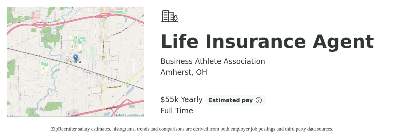 Business Athlete Association job posting for a Life Insurance Agent in Amherst, OH with a salary of $55,000 Yearly with a map of Amherst location.