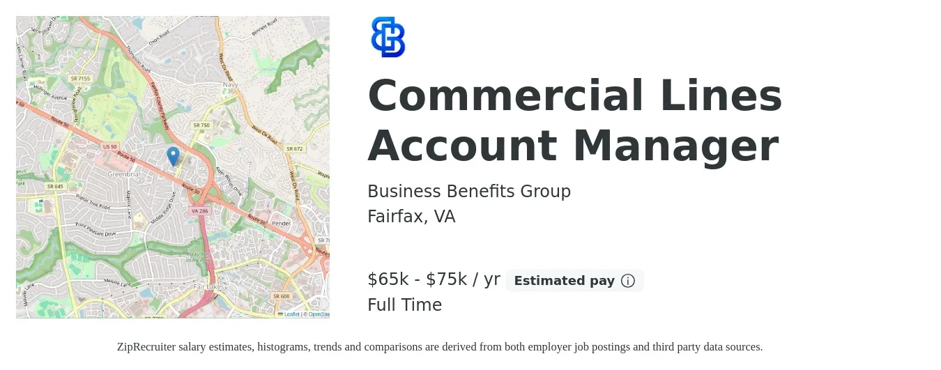 Business Benefits Group job posting for a Commercial Lines Account Manager in Fairfax, VA with a salary of $65,000 to $75,000 Yearly with a map of Fairfax location.