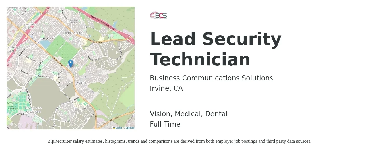 Business Communications Solutions job posting for a Lead Security Technician in Irvine, CA with a salary of $54,200 to $61,700 Yearly and benefits including dental, life_insurance, medical, retirement, and vision with a map of Irvine location.