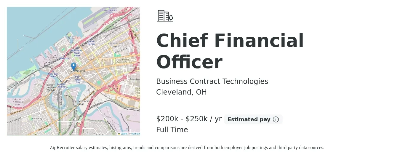 Business Contract Technologies job posting for a Chief Financial Officer in Cleveland, OH with a salary of $200,000 to $250,000 Yearly with a map of Cleveland location.