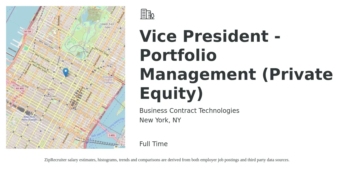 Business Contract Technologies job posting for a Vice President - Portfolio Management (Private Equity) in New York, NY with a salary of $127,100 to $203,600 Yearly with a map of New York location.