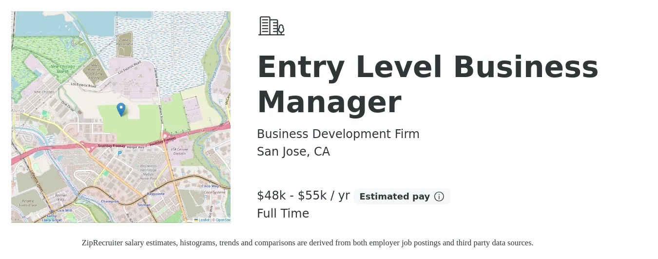 Business Development Firm job posting for a Entry Level Business Manager in San Jose, CA with a salary of $48,000 to $55,000 Yearly with a map of San Jose location.