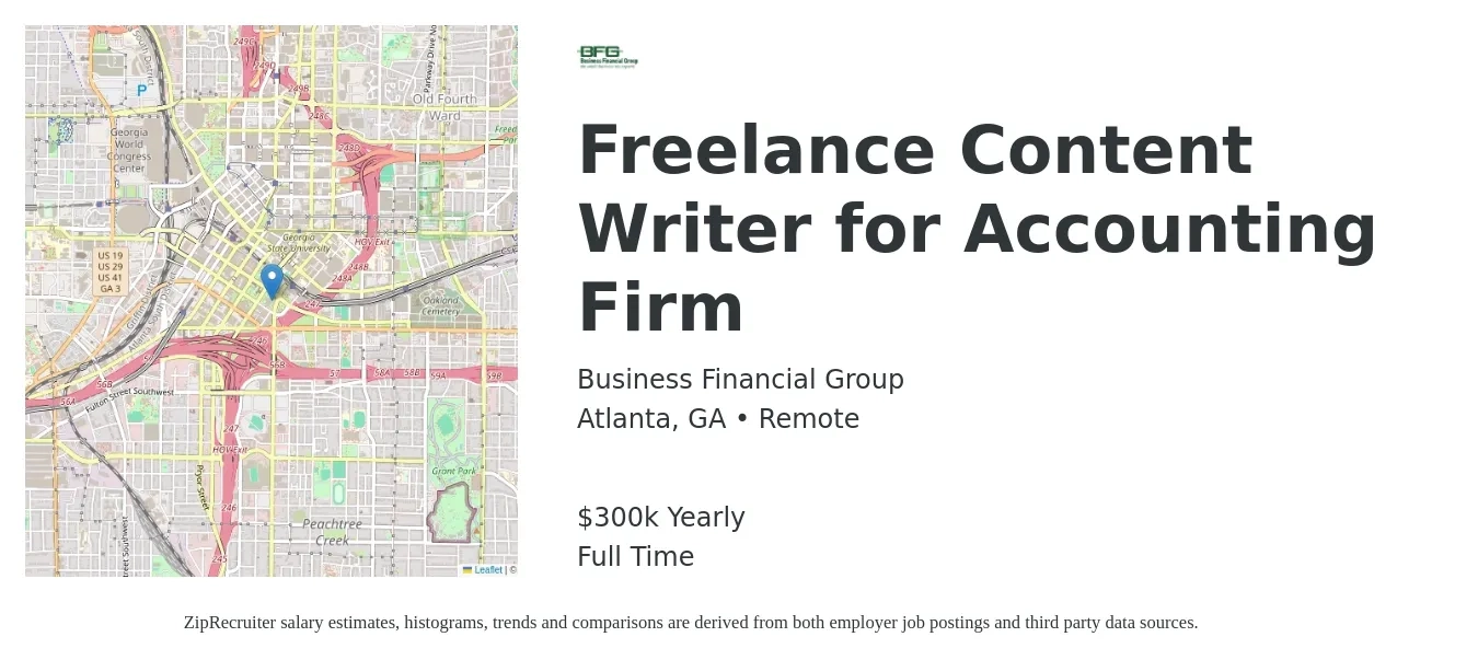 Business Financial Group job posting for a Freelance Content Writer for Accounting Firm in Atlanta, GA with a salary of $300,000 Yearly with a map of Atlanta location.