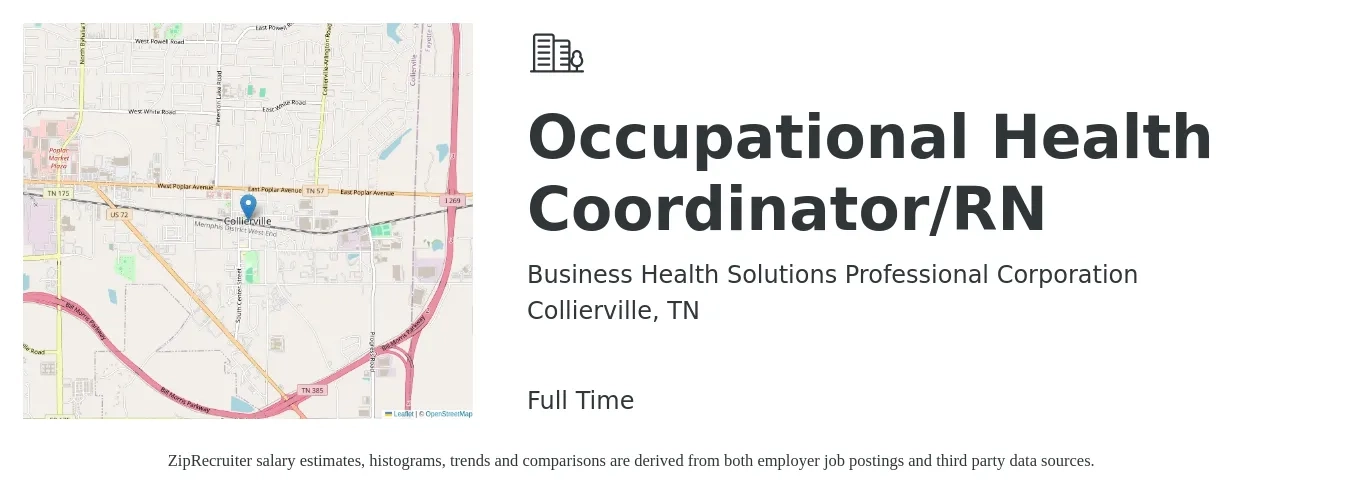 Business Health Solutions Professional Corporation job posting for a Occupational Health Coordinator/RN in Collierville, TN with a salary of $85,000 to $100,000 Yearly with a map of Collierville location.