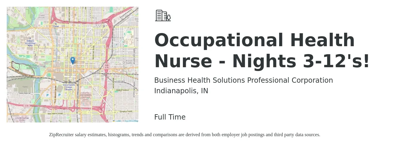 Business Health Solutions Professional Corporation job posting for a Occupational Health Nurse - Nights 3-12's! in Indianapolis, IN with a salary of $35 to $42 Hourly with a map of Indianapolis location.