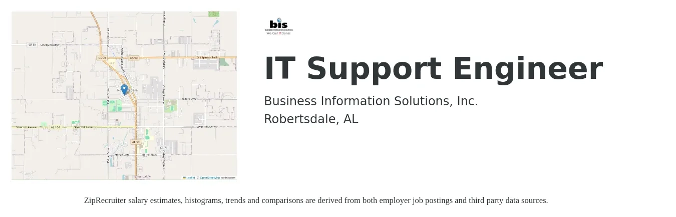 Business Information Solutions, Inc. job posting for a IT Support Engineer in Robertsdale, AL with a salary of $18 to $24 Hourly with a map of Robertsdale location.