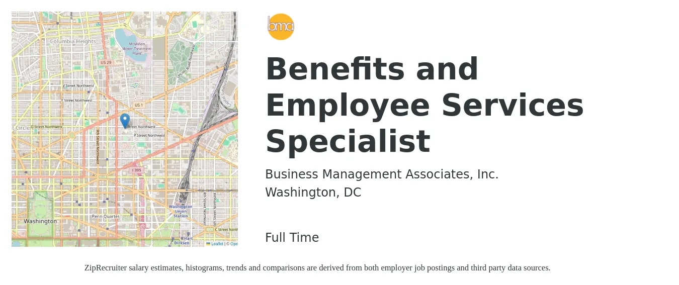 Business Management Associates, Inc. job posting for a Benefits and Employee Services Specialist in Washington, DC with a salary of $48,100 to $72,500 Yearly with a map of Washington location.