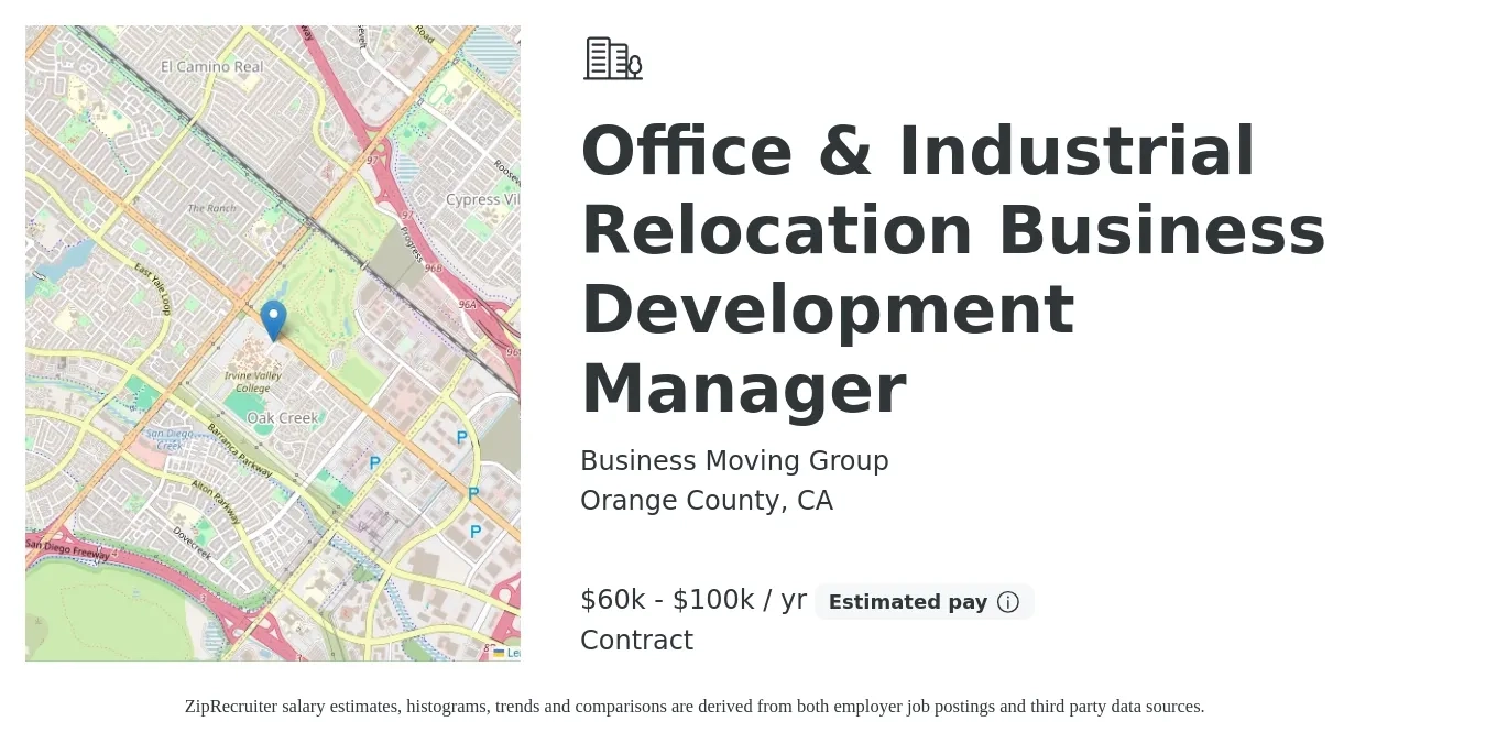 Business Moving Group job posting for a Office & Industrial Relocation Business Development Manager in Orange County, CA with a salary of $60,000 to $100,000 Yearly (plus commission) with a map of Orange County location.