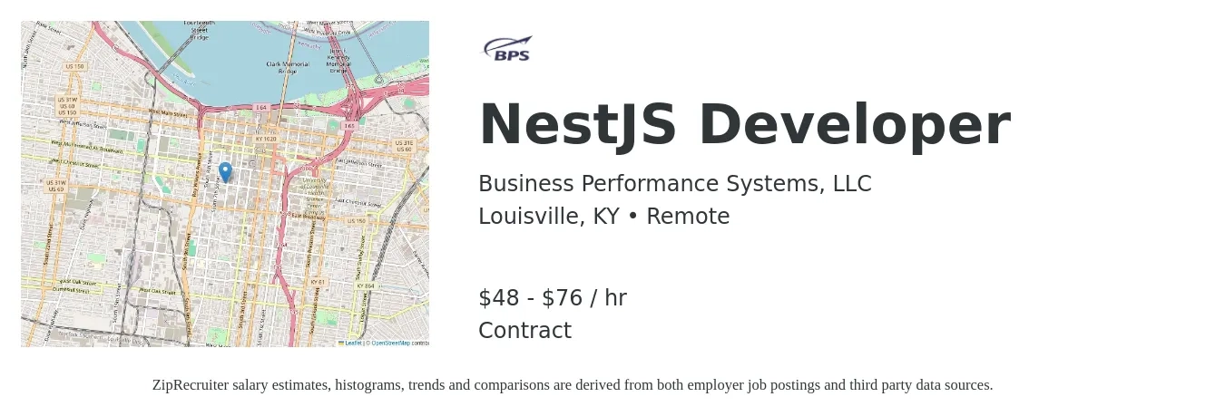 Business Performance Systems, LLC job posting for a NestJS Developer in Louisville, KY with a salary of $50 to $80 Hourly with a map of Louisville location.
