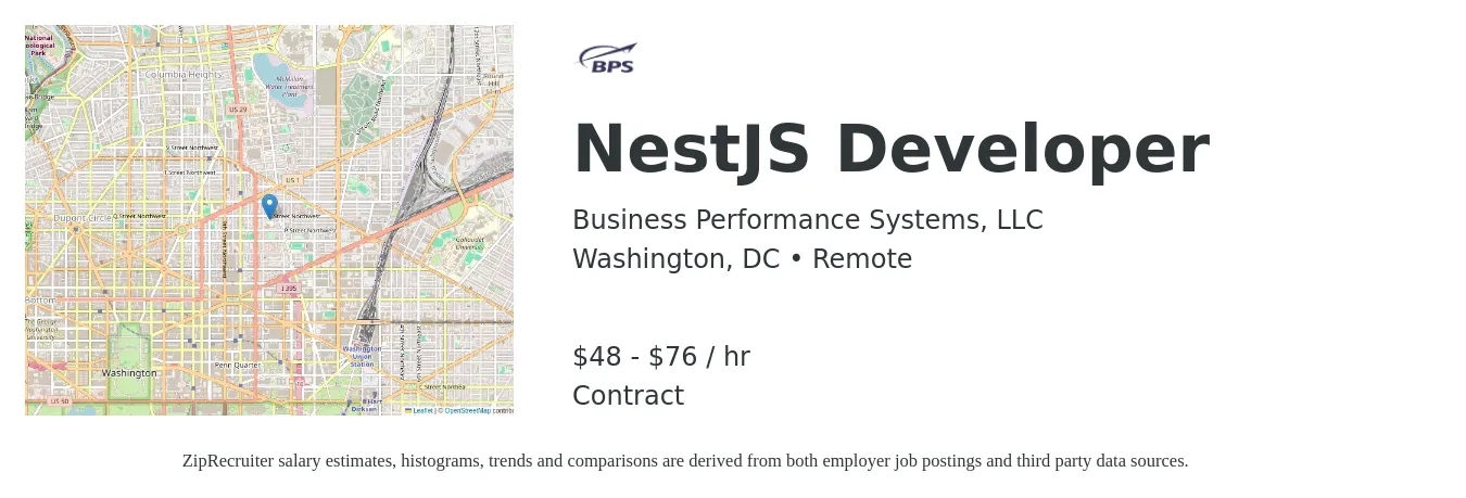 Business Performance Systems, LLC job posting for a NestJS Developer in Washington, DC with a salary of $50 to $80 Hourly with a map of Washington location.
