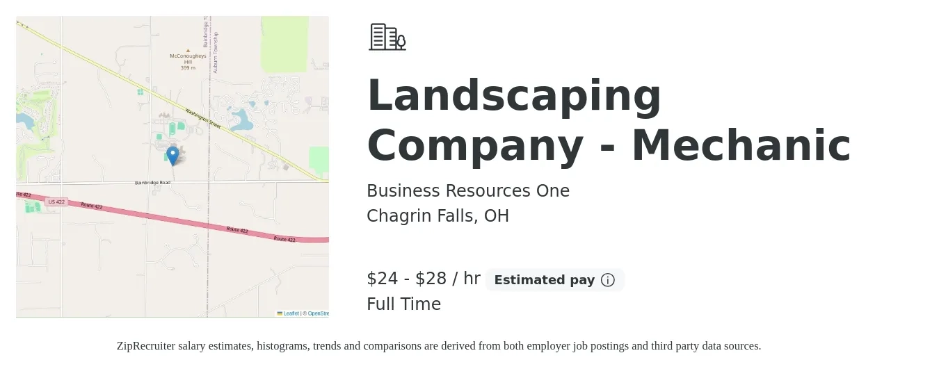 Business Resources One job posting for a Landscaping Company - Mechanic in Chagrin Falls, OH with a salary of $25 to $30 Hourly with a map of Chagrin Falls location.