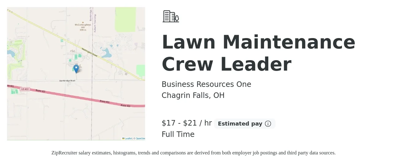 Business Resources One job posting for a Lawn Maintenance Crew Leader in Chagrin Falls, OH with a salary of $18 to $22 Hourly with a map of Chagrin Falls location.