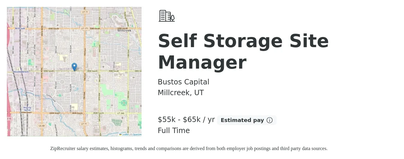 Bustos Capital job posting for a Self Storage Site Manager in Millcreek, UT with a salary of $55,000 to $65,000 Yearly with a map of Millcreek location.