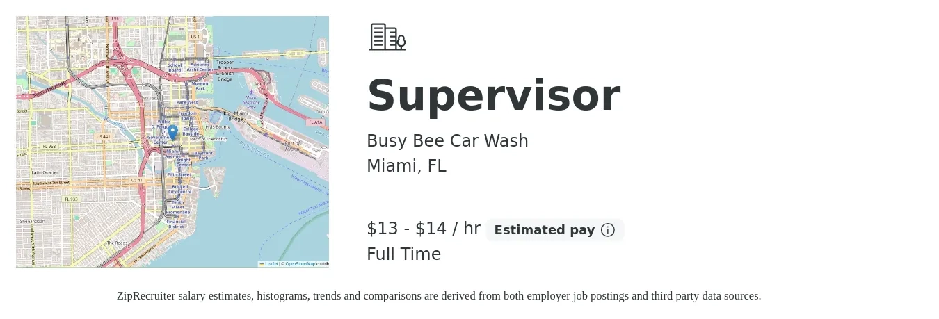 Busy Bee Car Wash job posting for a Supervisor in Miami, FL with a salary of $14 to $15 Hourly with a map of Miami location.