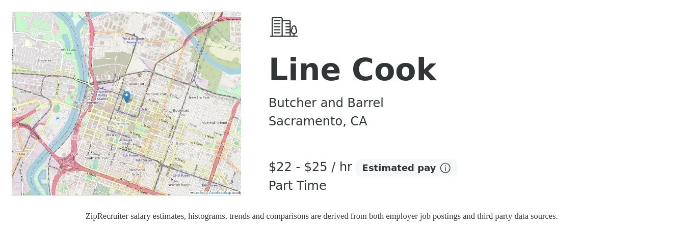 Butcher and Barrel job posting for a Line Cook in Sacramento, CA with a salary of $23 to $27 Hourly with a map of Sacramento location.