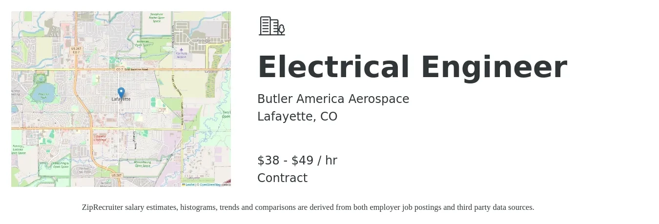 Butler America Aerospace job posting for a Electrical Engineer in Lafayette, CO with a salary of $40 to $51 Hourly with a map of Lafayette location.