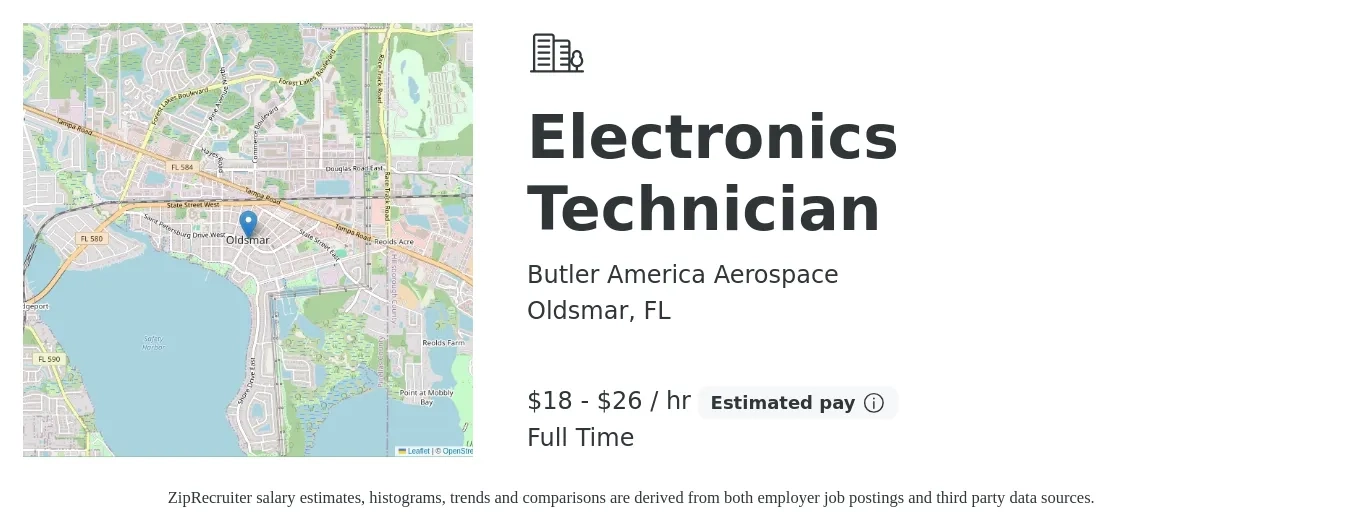 Butler America Aerospace job posting for a Electronics Technician in Oldsmar, FL with a salary of $19 to $28 Hourly with a map of Oldsmar location.