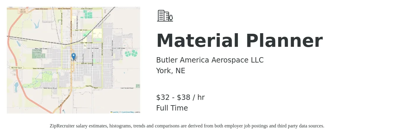 Butler America Aerospace LLC job posting for a Material Planner in York, NE with a salary of $34 to $40 Hourly with a map of York location.