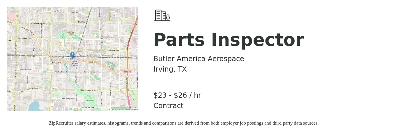 Butler America Aerospace job posting for a Parts Inspector in Irving, TX with a salary of $24 to $28 Hourly with a map of Irving location.
