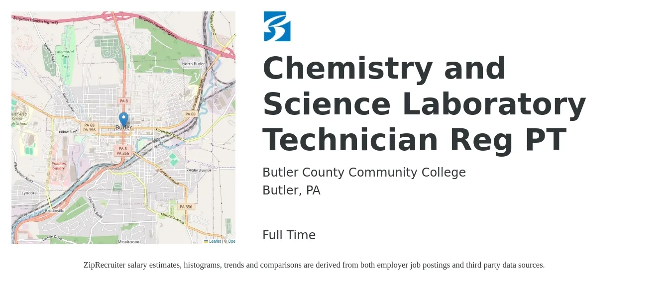 Butler County Community College job posting for a Chemistry and Science Laboratory Technician Reg PT in Butler, PA with a salary of $17 to $23 Hourly with a map of Butler location.