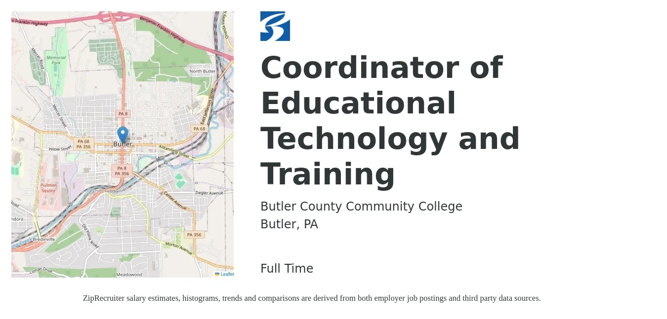 Butler County Community College job posting for a Coordinator of Educational Technology and Training in Butler, PA with a salary of $41,800 to $64,000 Yearly with a map of Butler location.