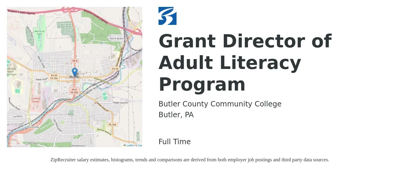 Butler County Community College job posting for a Grant Director of Adult Literacy Program in Butler, PA with a salary of $63,100 to $99,400 Yearly with a map of Butler location.