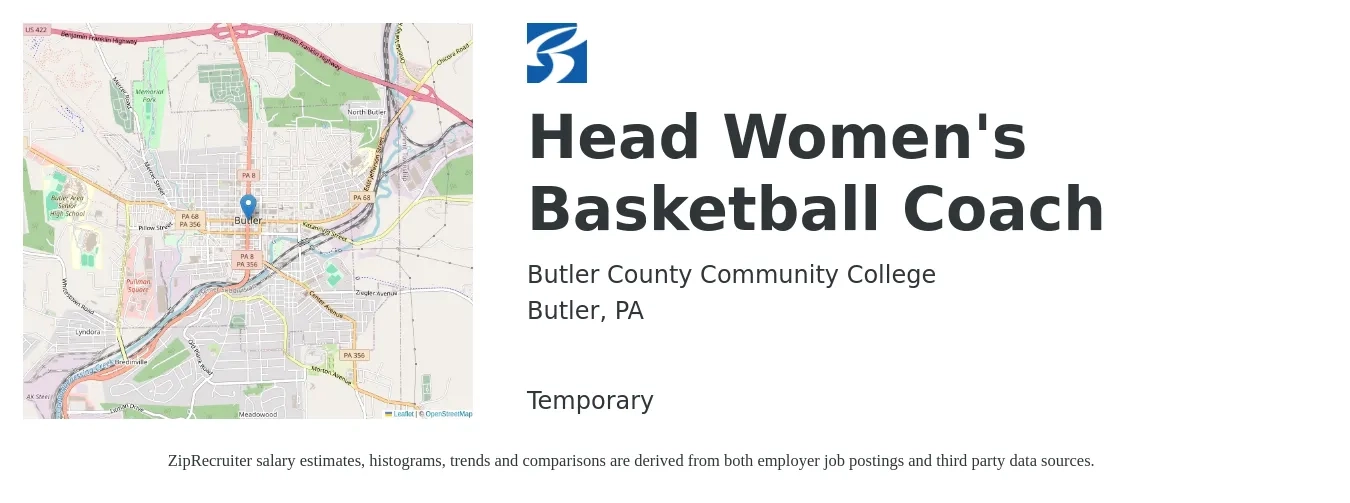 Butler County Community College job posting for a Head Women's Basketball Coach in Butler, PA with a salary of $14 to $27 Hourly with a map of Butler location.