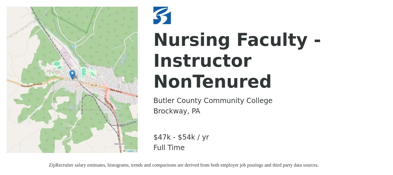 Butler County Community College job posting for a Nursing Faculty - Instructor NonTenured in Brockway, PA with a salary of $47,000 to $54,000 Yearly with a map of Brockway location.