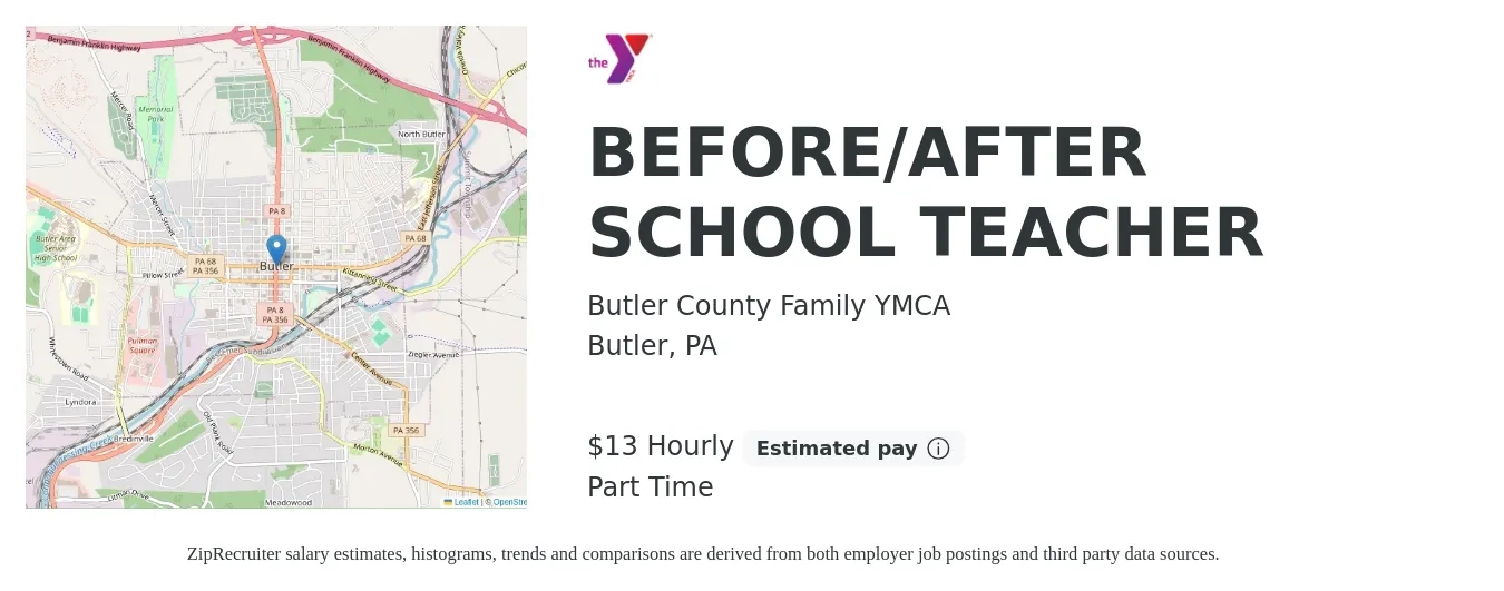 Butler County Family YMCA job posting for a BEFORE/AFTER SCHOOL TEACHER in Butler, PA with a salary of $14 Hourly with a map of Butler location.