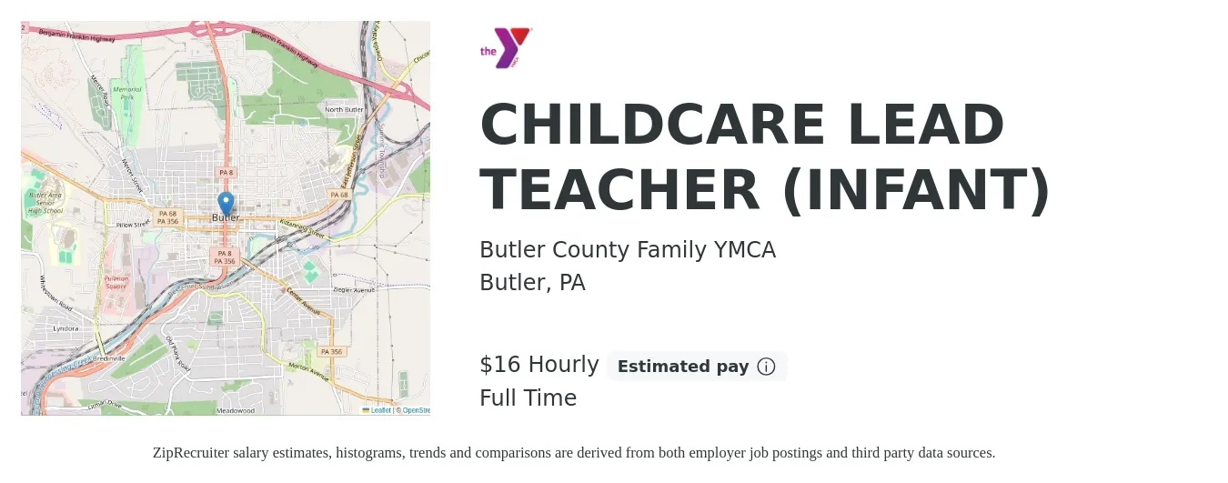 Butler County Family YMCA job posting for a CHILDCARE LEAD TEACHER (INFANT) in Butler, PA with a salary of $17 Hourly with a map of Butler location.