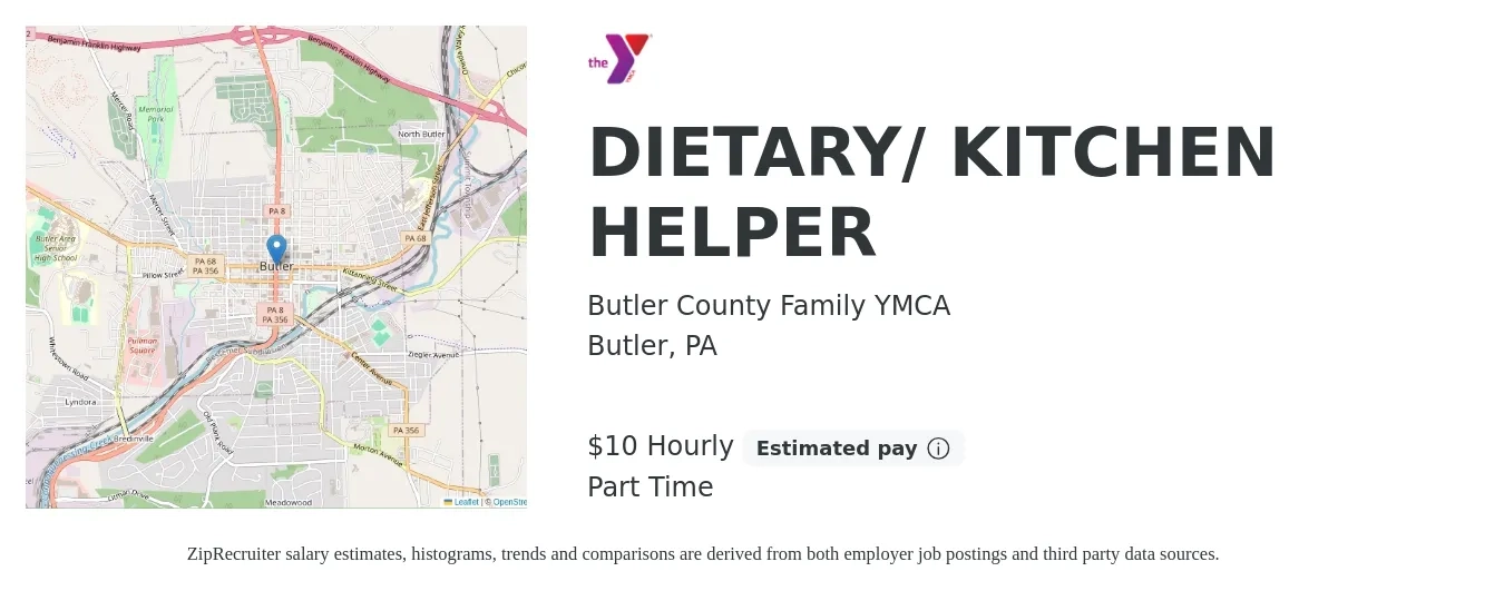 Butler County Family YMCA job posting for a DIETARY/ KITCHEN HELPER in Butler, PA with a salary of $11 Hourly with a map of Butler location.